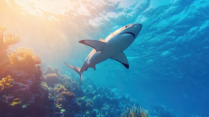 Fototapeta premium Majestic shark swimming in vibrant coral reef underwater wildlife encounter ocean environment blue waters