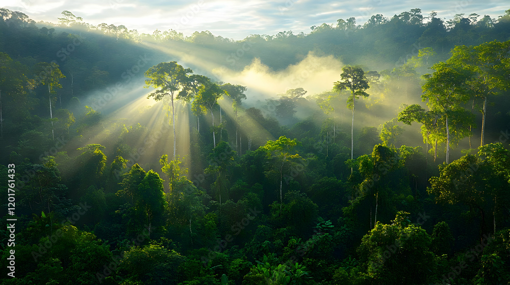Poster sunbeams filtering through a lush tropical rainforest at dawn creating a magical and tranquil atmosp