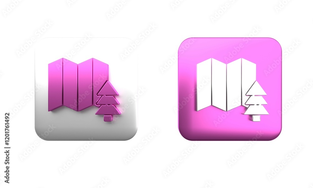 Poster colorful location of the forest on a map icon isolated on white background. square button. 3d render