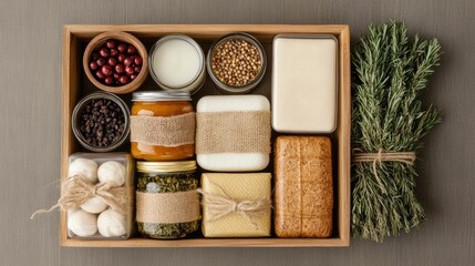 Beautifully curated holiday hampers with an assortment of gourmet food premium ingredients and seasonal presented on a rustic wooden display for festive gifting and