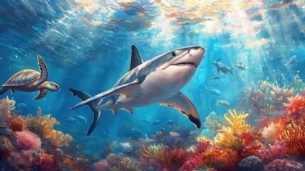 Fototapeta premium Wildlife adventure sharks and turtles in the colorful coral reefs underwater paradise ocean life exploration