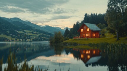 Fototapeta premium Lakeside cabin at dusk, reflecting in calm water, mountains in background.