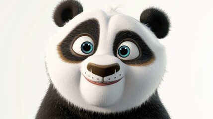 Fototapeta premium An adorable cartoon panda with big ears, stubby tail, mischievous smile, and soft black-and-white fur, set against a clean white background.