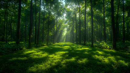 Fototapeta premium Sunlit Path Through a Lush Green Forest
