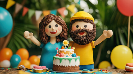 Relationship Claymation style, A claymation couple joyfully celebrating their anniversary in a vibrant and artistic style, perfect for various creative projects and celebrations.