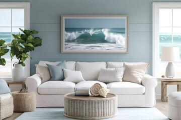 Coastal living room featuring ocean view and large wave photography