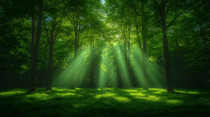 Fototapeta premium Sunbeams filtering through lush green forest, creating a magical and peaceful atmosphere