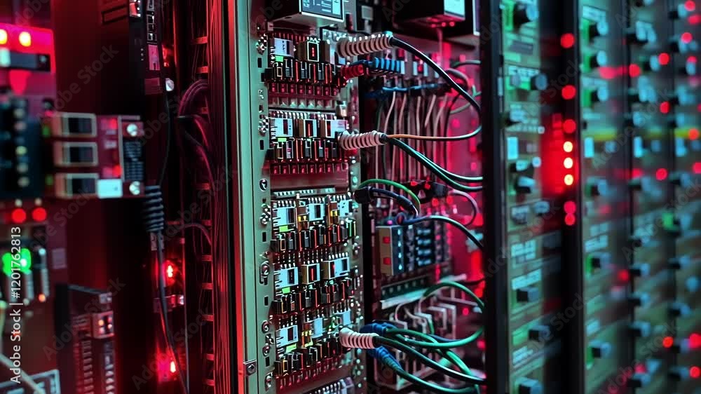 Poster a macro shot of intricate wiring and circuit boards inside a control panel where data from sensors i