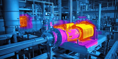 A thermal image of machinery, highlighting areas of heat and energy usage for industrial analysis.