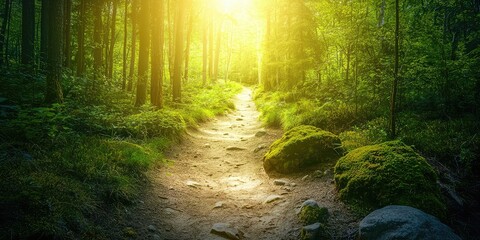 A trail leading through a dense forest, with moss-covered rocks and dappled sunlight illuminating the way.