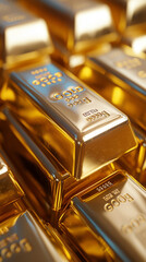 Close up of stacked gold bars in a vault. Shiny, valuable, and precious metal.
