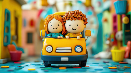 Relationship Claymation style, A claymation couple enjoys a whimsical ride on a Ferris wheel, captured in high fidelity, showcasing vibrant colors and playful animation style.