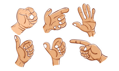 Hands set in different gestures with hand drawn cartoon style
