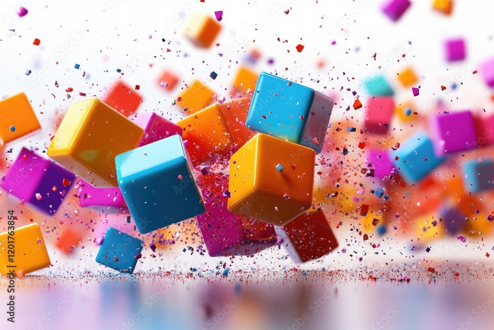 Poster Colorful cubes exploding and creating particles in the air