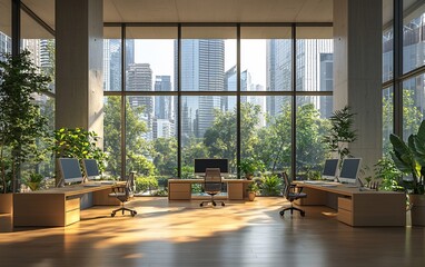 Obraz premium Modern office with city view, sunlight, and plants.