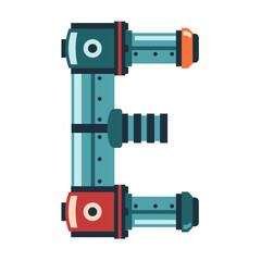 Letter E is formed using robotic elements, industrial pipes and valves. Engineering theme in Alphabet design. Vector