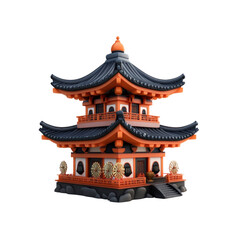 3D Render of a Traditional Two-Story East Asian Temple with Black Roof and Orange Walls