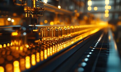 Obraz premium Factory automated line, filling vials, industrial production, night shift