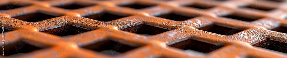 Poster an up-close view of a complex rust pattern on rusted metal mesh