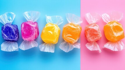 Colorful hard candies in cellophane wrappers on pink and blue background.