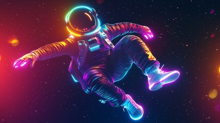  A space astronaut wearing white sneakers, dancing in the air with neon light