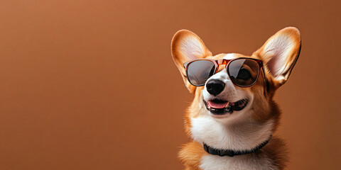Funny and cute corgi dog in sunglasses on brown or mocha mousse background. Banner template for backdrops, wallpapers and advertising of veterinary products, funny concepts with space for text. Trendy