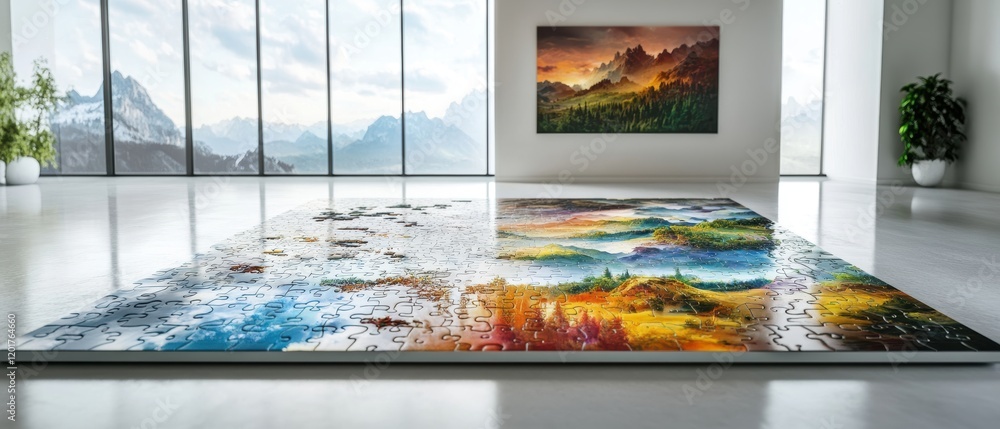 Poster exploring gigapixel visualization of a large puzzle in a modern gallery setting with scenic artwork