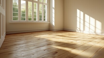 A room with a large window and a wooden floor