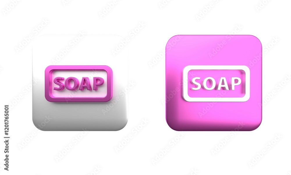 Poster colorful bar of soap icon isolated on white background. soap bar with bubbles. square button. 3d ren
