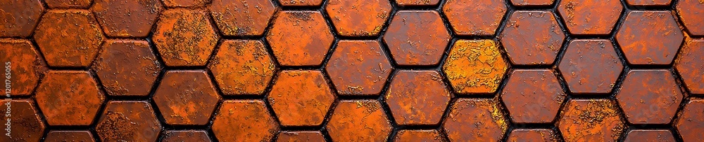 Poster an up-close view of a complex rust pattern on rusted metal mesh