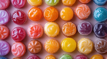 Colorful hard candies arranged in rows.