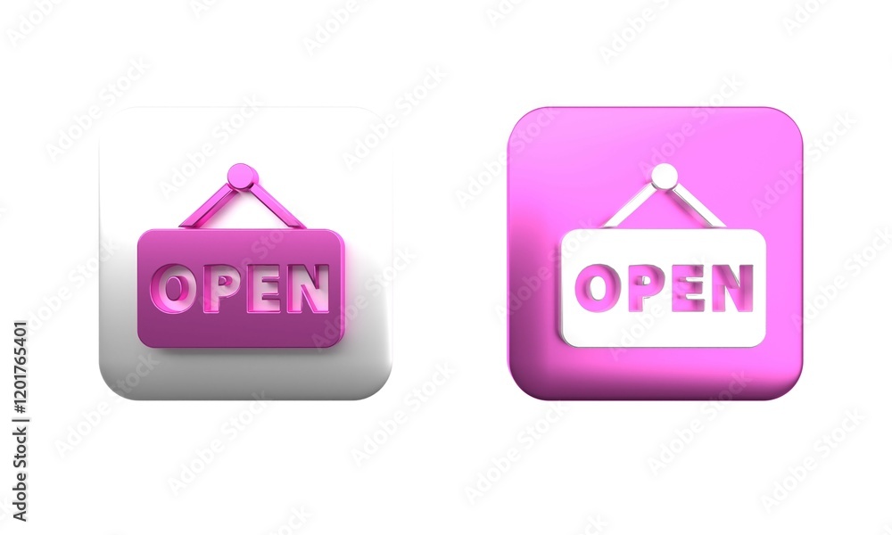Poster colorful hanging sign with text open door icon isolated on white background. square button. 3d rende