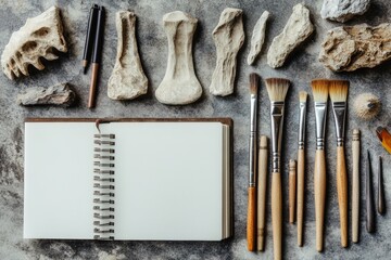 A creative flat lay of paleontology essentials: brushes, chisels, fossil fragments, and a notebook