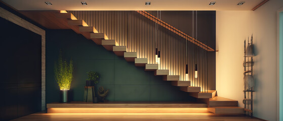 Obraz premium minimalist staircase featuring polished wooden steps, sleek glass panels, and soft lighting. 
