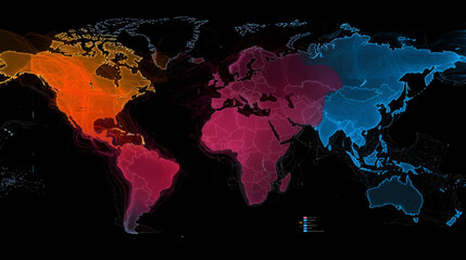 Fototapeta premium Global network data flow map, showing connections, internet traffic, and digital activity worldwide