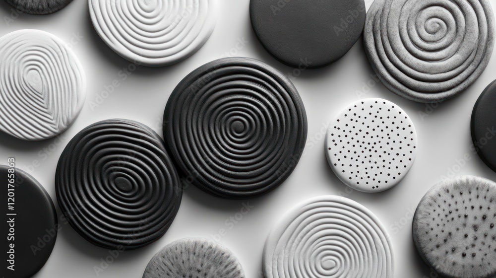 Poster abstract monochrome circular patterns on white background.