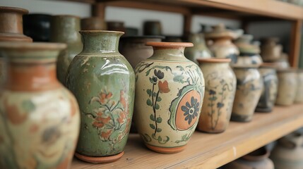 A row of vases with different designs and colors