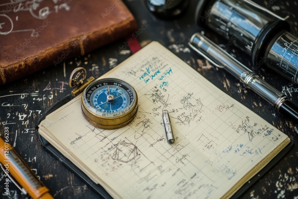 Poster a creative flat lay of physics-related items: a compass, a small prism, and a notebook with formulas