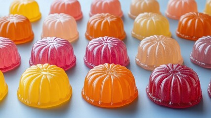 Obraz premium Colorful jelly candies arranged in rows on a light blue background.