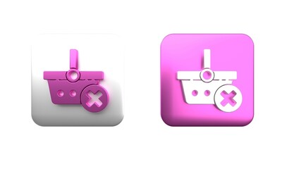 Colorful Remove shopping basket icon isolated on white background. Online buying concept. Delivery service. Supermarket basket and X mark. Square button. 3D render illustration