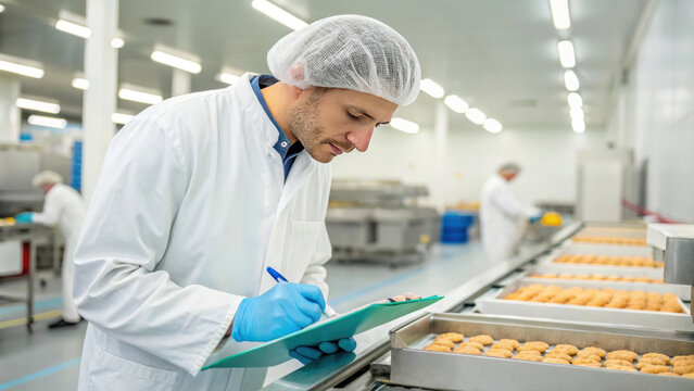 Food inspector in sterile factory checking baked goods with gloves