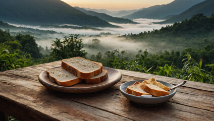 Fototapeta premium Traditional Breakfast Table with Bread and Hot Tea in the Midst of Mountain Mist