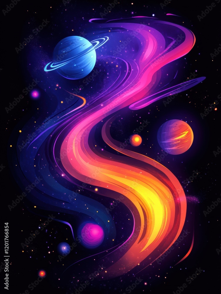 Poster colorful galaxy featuring swirling nebula and glowing planets creating a mystical cosmic landscape. 