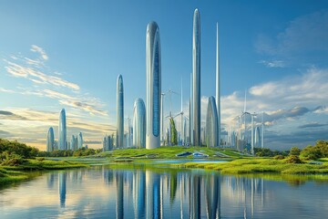 Obraz premium Futuristic Cityscape with Skyscrapers and Wind Turbines by a Serene Lake at Sunset