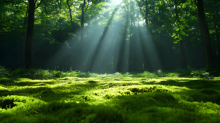Fototapeta premium Sunbeams filtering through lush green forest, illuminating mossy forest floor