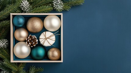 Celebratory boxes filled with thoughtful gifts and festive holiday decor including pine branches ornaments and other seasonal arranged in a stylish elegant composition