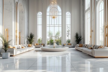 Fototapeta premium Ultra-modern luxury hotel lobby, high ceilings with grand chandeliers, marble floors and walls