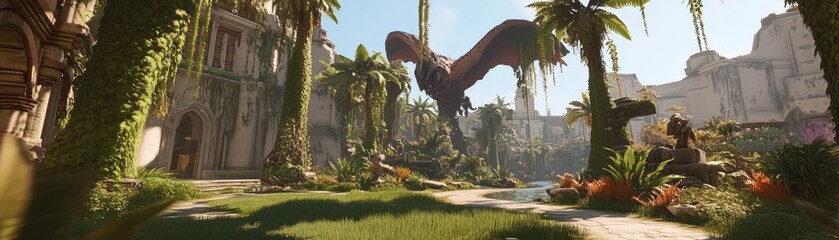Fototapeta premium Enchanting Oasis with Lush Garden and Mythical Creature Under Radiant Sunlight