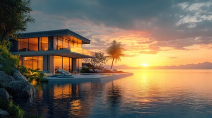 Obraz premium Modern luxury beach house reflecting golden sunset over calm ocean