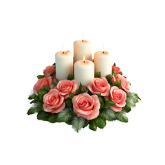 Romantic Candlelight Centerpiece with Coral Roses and Evergreen